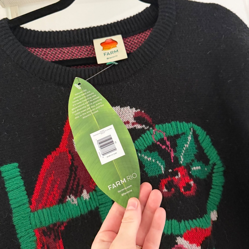Farm Rio Hohoho Black Knit Sweater Tropical Toucan Christmas Womens M NEW Boho - Picture 2 of 6